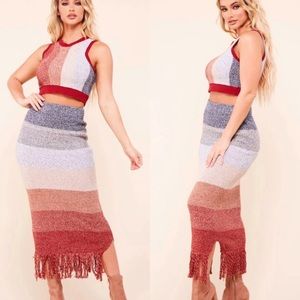 Latiste Striped Fringe 2Pc Crop Top and Skirt Set